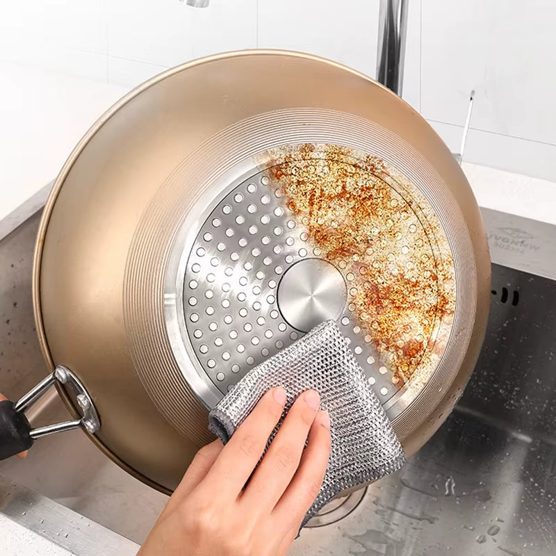 20/2Pcs Thickened Steel Wire Cleaning Cloth Double -Layer Non -Stick Oil Iron Dishrag Kitchen Pan Pot Dishes Cloths Rags