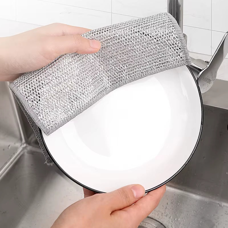20/2Pcs Thickened Steel Wire Cleaning Cloth Double -Layer Non -Stick Oil Iron Dishrag Kitchen Pan Pot Dishes Cloths Rags